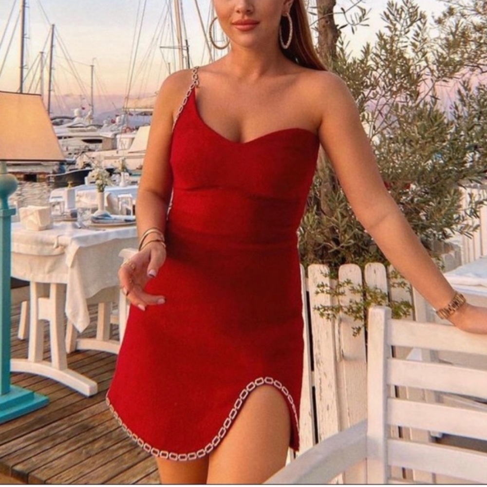 Zara Red Chain Trim Asymmetric Mini dress